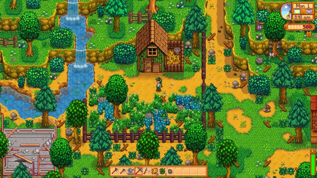 A pixel-art farm in Stardew Valley with a small wooden cabin, crop plots, and a nearby stream surrounded by trees.