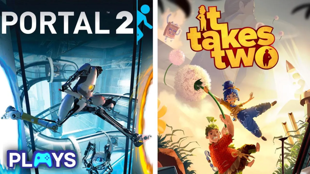 Side-by-side key art for Portal 2 and It Takes Two, shown as part of a WatchMojo Plays thumbnail.

