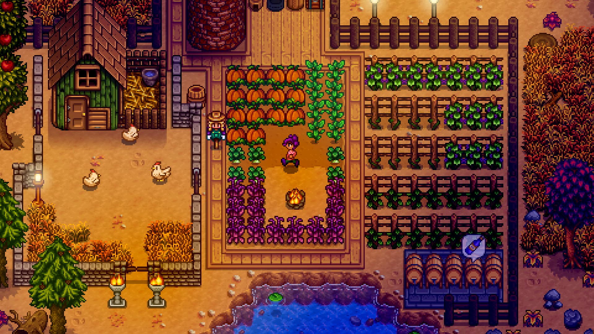 A colourful pixel-art farm scene in Stardew Valley with crops, animals, and a sunny sky.