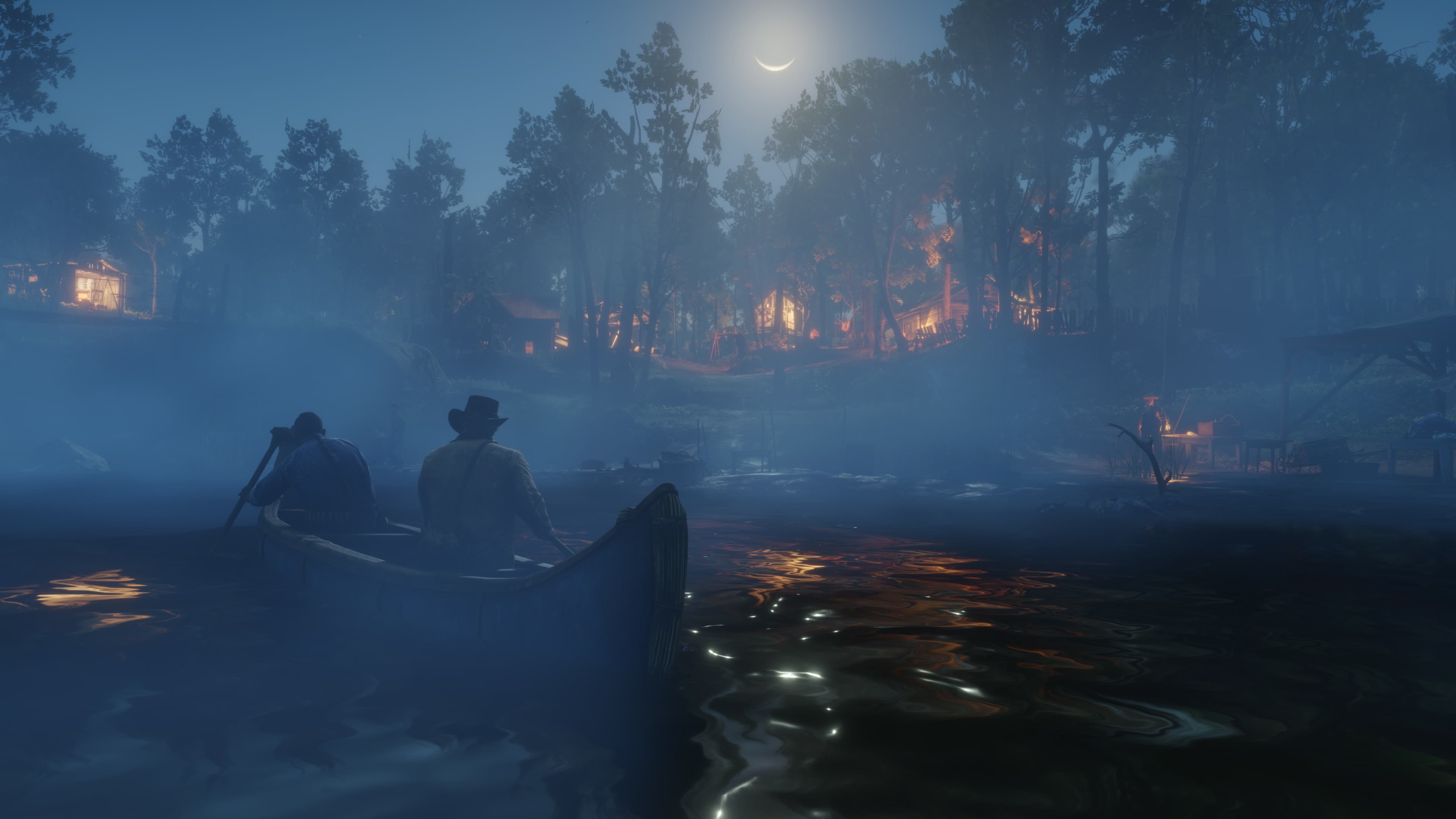 Two people paddle a canoe through foggy moonlit water toward a forest camp glowing with warm lights.